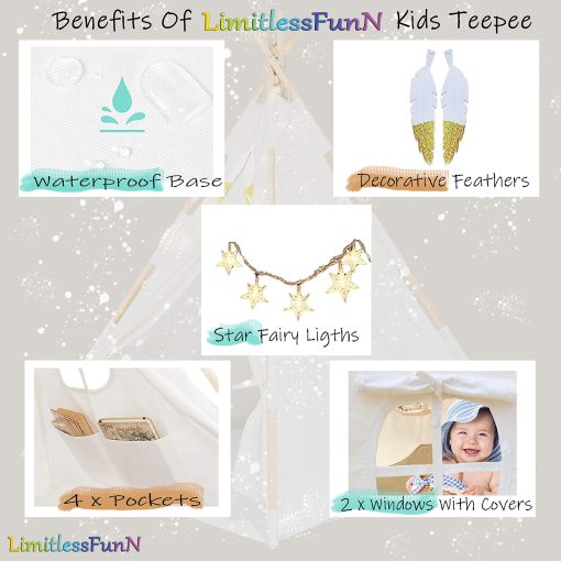 Tienda de campana para ninos LimitlessFunN Cotton Teepee | Incluye Bolsillos, Postes de Madera, Base Impermeable, Luces de Estrellas, Plumas y Estuche | Casa de Juegos Infantil para Ninos, Ninas y Ninos, 47"D x 47"W x 57"H - Imagen 2