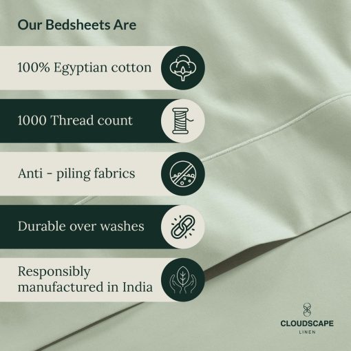 Juego de sabanas de algodon egipcio CLOUDSCAPE LINEN tamano King - 4 piezas, Mineral King Size Bed Sheets Set | Juego de sabanas de algodon egipcio de 1000 hilos | Hasta 16" de bolsillo profundo King Sheet Set - Mineral - Imagen 5