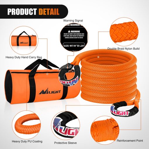 Cuerda de Recuperacion Cinetica Nilight 28,600LBS 7/8in x 20ft Correa de Arrastre Fuerte para Offroad Vehiculos UTV ATV SUV Camion Coche Tractor, Kit de Recuperacion de 2 Anos de Garantia - Imagen 3