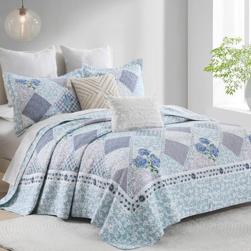 Colcha Extra Grande de Algodon al 100% de Finos Bordados 120"x102", Colchas de Cama Queen Livianas, Colcha Floral Extra Grande, Cubrecamas Reversible Acolchados, 3 Piezas, Azul