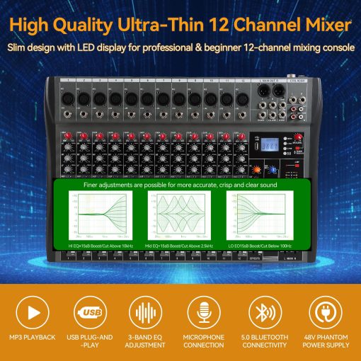 Mesa Mezcladora de Audio de 12 Canales, Consola con Bluetooth USB, Mezcladora DJ para Grabacion de PC Controlador de Sonido Interfaz de Audio con Alimentacion Phantom de 48V, Conector de Microfono XLR, Entrada/Salida RCA (12 Canales) - Imagen 2