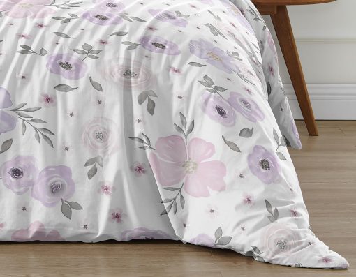 Set de Edredon para Ninas Sweet Jojo Designs Lavanda Morado, Rosa, Gris, y Blanco - Estilo Shabby Chic con Flores Acuarela - Tamano Full/Queen - 3 Piezas - Rosas - Imagen 6