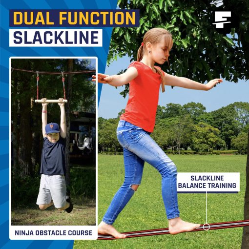 Fofana Ninja Warrior Obstacle Course for Kids - Set de 32 Piezas para Jugar en el Patio, 9 Obstaculos Divertidos, Kit de Slackline de 65 pies con Accesorios - Juguetes para Ninos Ninja, Equipo de Juego Exterior - Imagen 6