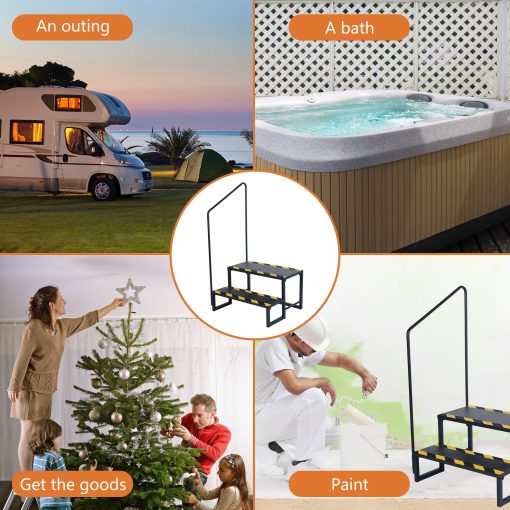 Escaleras de 2 Peldanos para RV Actualizadas Escaleras para Casas Moviles con Dos Pasamanos Escalera de Acero para Exteriores Soporte de Escalera Economica para RVs y Caravanas de Viaje Motorhome, Caravana - Imagen 9