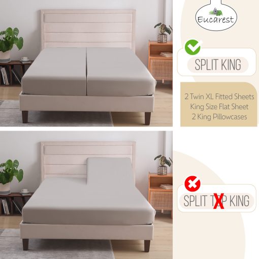 Juego de Sabanas Dividido Split-King de Eucalipto Lyocell, Hipoalergenicas 100% Organicas de Tencel, Regulacion Termica y Absorcion de Humedad para Personas Calurosas, Calidad de Hilo Superior, Bolsillos Extra Profundos - Gris - Imagen 2