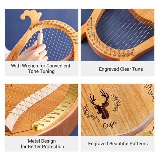 Arpa Lira, Arpa de 16 Cuerdas de Madera Maciza de Caoba con Llave de Afinacion, Pua, Cuerdas, Estuche Negro y Manual de Instrucciones para Amantes de Instrumentos Principiantes (Color Madera) - Imagen 2