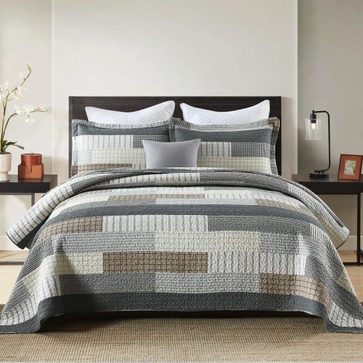 Colcha Finlonte tamano King 100% algodon Gris Negro Marron Colchas Acolchadas Juego de conforter a cuadros Ligero Reversible Suave Transpirable Juegos de Ropa de Cama para Todas las Estaciones, 3 Piezas