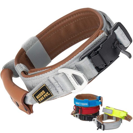 Collar Comodo, Collar acolchado de piel de vaca suave para perros de todas las razas, parche reflectante, hebilla metalica para perros grandes Mango de control facil (S, M, L) (S, Gris Claro)