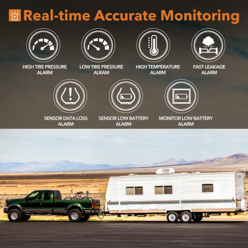 Sistema de Monitoreo de Presion de Neumaticos para RV, RV TPMS, 8 Sensores, 7 Modos de Alarma, 14 Dias de Vida de la Bateria, Distancia de Deteccion de 80 pies, Pantalla Grande, para RV, Remolque, Autocaravana, Quinta Rueda, (0-188 psi) (-4~ 185â„‰) - Imagen 2