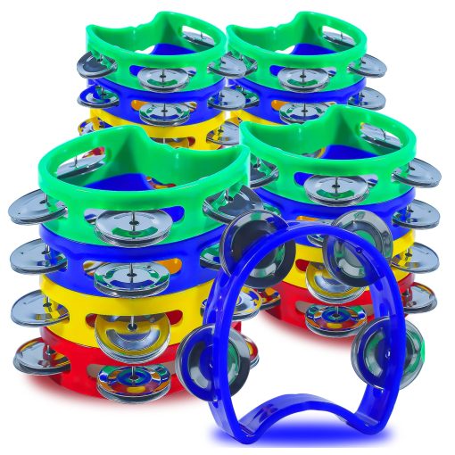 Paquete de 24 Pequenos Panderos de Plastico con 4 Campanas, Coloridos Panderos de Mano de Plastico para Adultos Estudiantes y Kindergarten