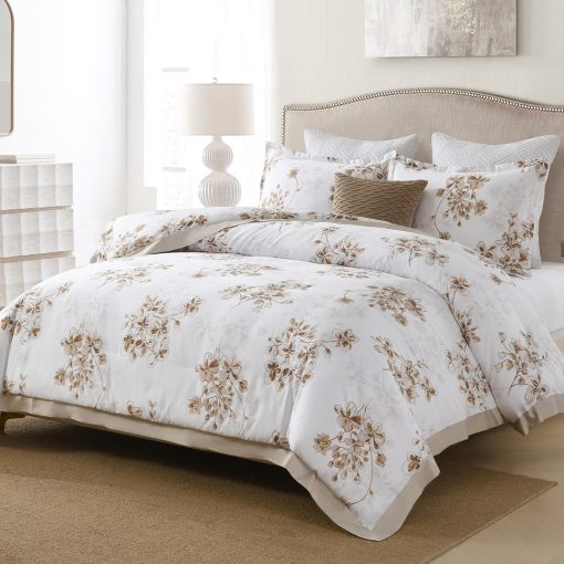 Juego de edredon de algodon SahSahCasa tamano Queen, juego de ropa de cama de edredon para Queen, chic floral acolchado esponjoso de lujo suave para todo el ano, Juego de cama conforter, edredones y alternativa de plumon, 3 piezas, Blanco/Marron