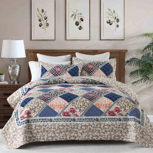Colcha de Cama de Gran Tamano Finlonte 128"x120" - Colcha de Gran Tamano California King 100% Algodon, Colcha de Retazos de Granja, Colcha Reversible Ligera, Juego de Ropa de Cama, Cafe/Azul Marino - Imagen 3