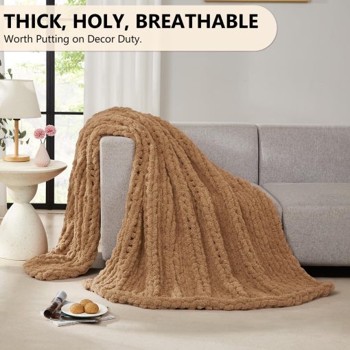Manta de Punto Grueso L'AGRATY: 60''x80'' Manta Tejida de Chenille Grueso para Cama Sofa - Manta de Gran Punto Grueso Hecha a Mano - Manta de Ganchillo Grande para Decoracion del Hogar (Beige) - Imagen 5