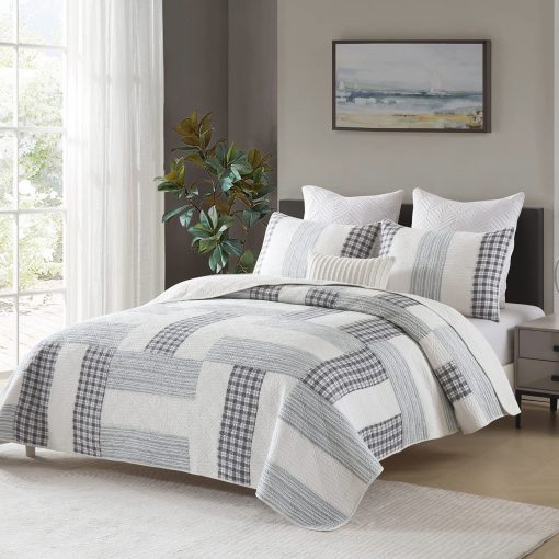 Colcha Queen Size Finlonte 100% Algodon Suave y Ligera Verdadero Patchwork Plaid Colcha Acolchada Conjunto de Ropa de Cama en Blanco Gris Negro 3 Piezas - Imagen 2