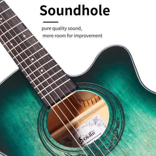 Guitarra Acustica Premium Soldin de 40 Pulgadas con Tapa de Abeto Macizo - Kit Bundle Con Funda, Soporte de Guitarra, Afinador, Correa, Capodastro, Cuerdas, Pano de Limpieza y Puas (Azul Nilo) - Imagen 4
