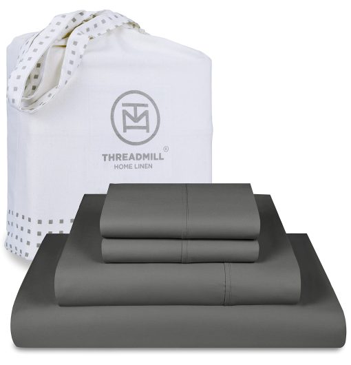 Juego de sabanas Threadmill Luxury de 800 hilos, tamano completo, 100% algodon - Sabana cama de saten gris oscuro, mejor que el algodon egipcio, juego de ropa de cama solida de 4 piezas, se ajusta a bolsillo profundo de 16"