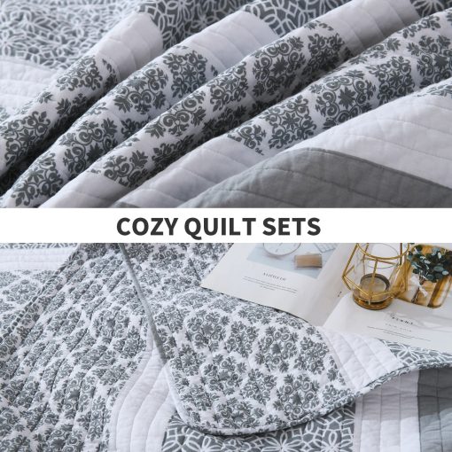 Sets de edredon King PERHOM 100% algodon, Edredon King Size gris azulado con estampado floral, Juego de ropa de cama King ligero para todas las estaciones, 3 piezas - Imagen 5