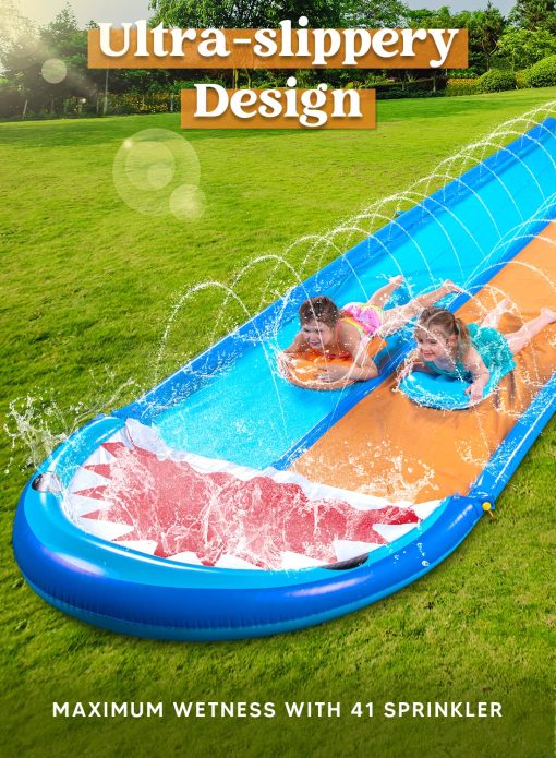 Resbaladilla de Agua Doble de Tiburon Sloosh de 22.5ft, Resbaladilla de Jardin Resistente con Rociador y 2 Tablas Inflables para Fiesta en el Verano en el Patio al Aire Libre - Imagen 4