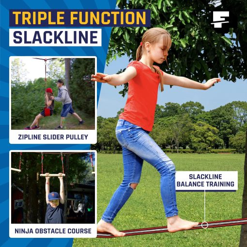 Obstaculo de Ninja mas grande de 65 pies para Ninos al Aire Libre - Incluye Tirolesa Ninja Slider - 11 Obstaculos de Ninja - Escalera de Cuerda, Rueda Giratoria, Anillas de Gimnasia, Barras de Mono, Polea - Imagen 6