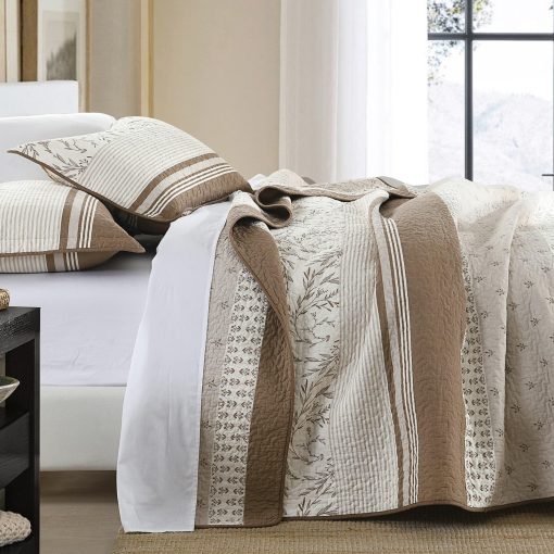 Edredon Queen DDUOXIN de Granja 100% Algodon - Suave Edredon Queen con 2 Fundas de Almohada, Colcha de Otoño Reversible Ligera Juego de Ropa de Cama para Todas las Estaciones, Marron/Topo/Beige Arenoso, Queen - Imagen 2