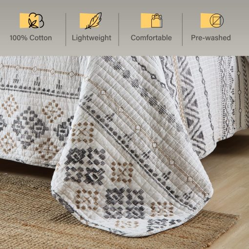 Juego de Edredon SahSahCasa King Size, 100% Algodon, Edredon Boho, Set de Ropa de Cama, Colchas Bohemias Reversibles, Ligero, Rayas, White/Grey, 3 Piezas - Imagen 3