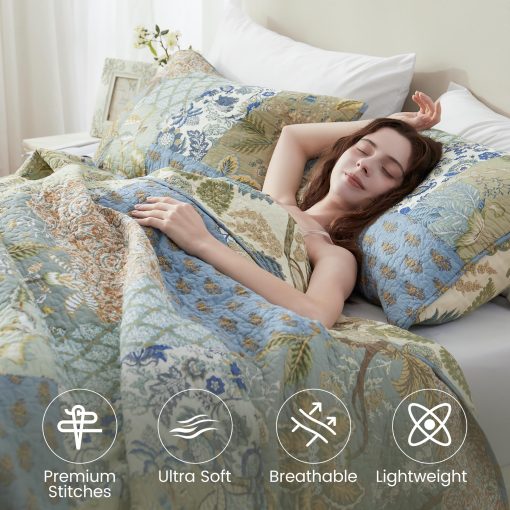 Set de edredon NEWLAKE tamano California King, 100% algodon Patchwork verde, juego de edredones bohemios, colcha reversible ligera y transpirable para todas las estaciones, colcha acolchada suave con 2 fundas de almohada - Imagen 2