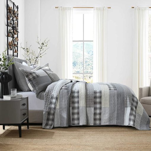 Edredon Queen Size Mescore, Juego de Edredon de Retazos de Algodon 100% Juego de Edredon Reversible y Ligero para Cama Queen Tamaño Completo Cubrecama para Cama Queen Todo el Año, Gris Azul Beige Marron 3 Piezas - Imagen 3