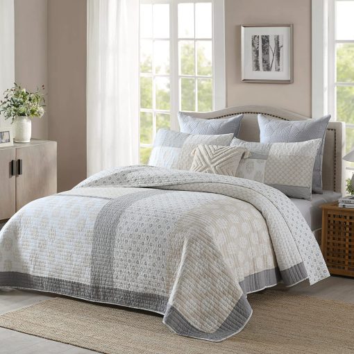 Juego de Colcha KALOOLA Tamano King, Colcha de Verano Acolchada 100% Algodon, Gris Luna Floral Patchwork Juego de Cama King, Colcha Reversible Estilo Granja para Todas las Estaciones, 3 Piezas - Imagen 2