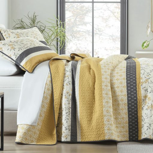 Edredon a rayas tamaño Queen DDUOXIN - 100% algodon suave reversible con 2 fundas de almohada, edredon de cama estampado floral ligero, juego de edredones, amarillo (dorado)/gris/blanco, Queen - Imagen 2