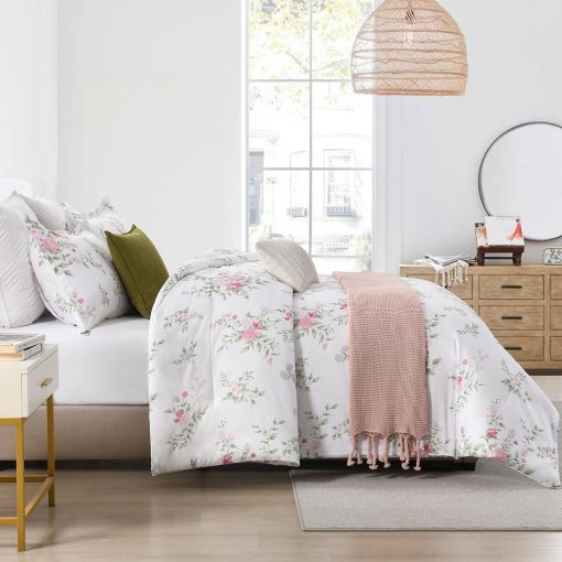 Set de edredon Floral Queen FineStichery - Juego de cama de edredones tamano queen de algodon mullido, juegos de ropa de cama suaves y ligeros, juego de cama acolchado de 3 piezas con fundas de almohada, blanco/rosa - Imagen 4