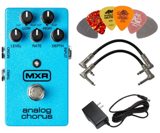 Pedal de efecto de coro analogico MXR M234 BUNDLE con fuente de alimentacion de adaptador AC/DC para 9 voltios DC 1000mA, 2 cables de parche y 6 puas de guitarra Dunlop surtidas