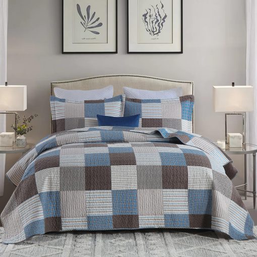 Colcha de cuadros para cama Queen Size Y-PLWOMEN - 100% algodon, colcha de algodon ligera y transpirable con 2 fundas de almohada, juego de ropa de cama, azul marron, Queen (90 * 98 pulgadas)