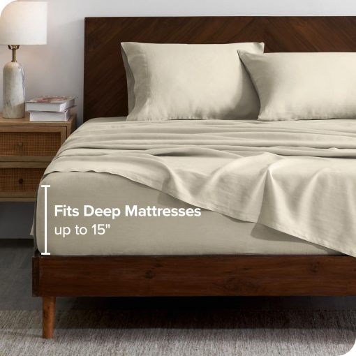 Juego de sabanas Twin Extra Largas de Bare Home - Juego de sabanas de cama Twin XL de lujo 100% lino - Bolsillos profundos - Ajuste facil - 3 piezas - Sabanas de cama y fundas de almohada (Twin XL, Natural) - Imagen 4