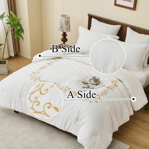 Juego de edredon de algodon egipcio de gran calidad SahSahCasa tamano Queen, Edredon esponjoso, Juego de ropa de cama de algodon 100% para cama Queen, Edredon acolchado floral bordado ligero, 90" x 90", 3 piezas, Blanco - Imagen 5