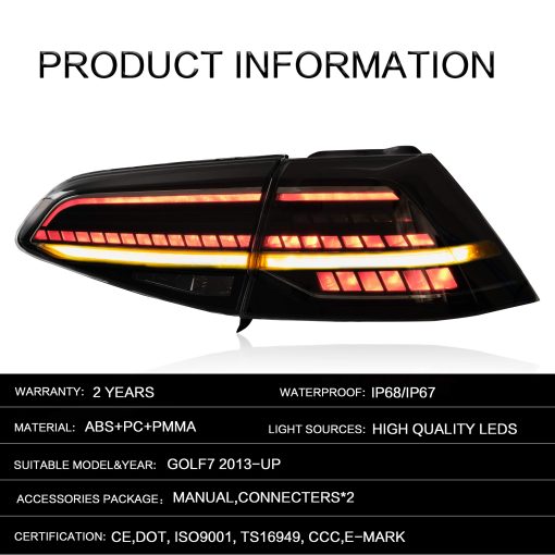 Luces traseras VLAND para Volkswagen Golf 7 Golf 7.5 MK7 MK7.5 2014-2019 con señal de giro secuencial, luz LED DRL, Plug-and-play, luces de reversa, humo - Imagen 8