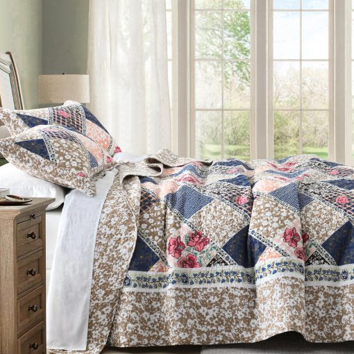 Colcha de Cama de Gran Tamano Finlonte 128"x120" - Colcha de Gran Tamano California King 100% Algodon, Colcha de Retazos de Granja, Colcha Reversible Ligera, Juego de Ropa de Cama, Cafe/Azul Marino - Imagen 5