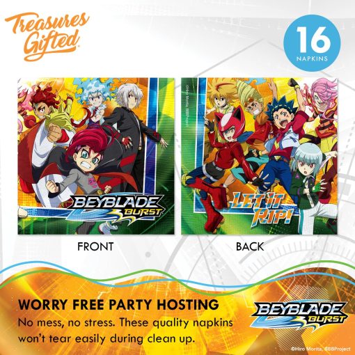 Juego de fiesta oficialmente autorizado de BEYBLADE BURST de Treasures Gifted - Sirve 16 invitados Set definitivo de suministros para fiestas BEYBLADE - Suministros para fiestas de cumpleaños de BEYBLADE - Manteles, platos, pancarta y mas de BEYBLADE - Imagen 3