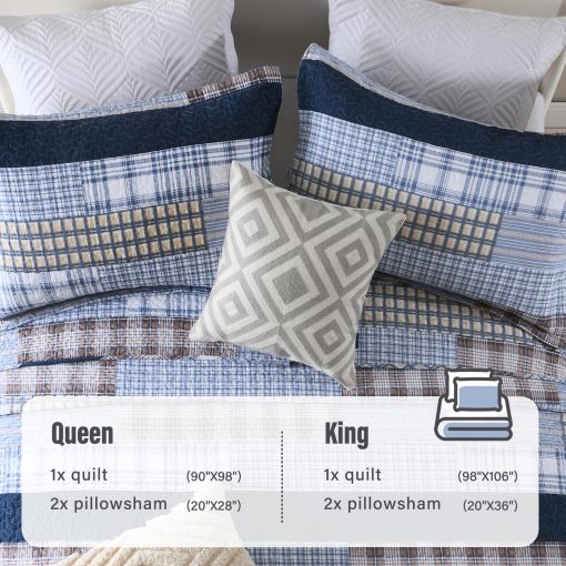 Juego de Colcha de Algodon Queen Size Azul, Juego de Colcha de Cuadros acogedora para Cama Queen, Reversible y Ligera, 3 Piezas - Imagen 3