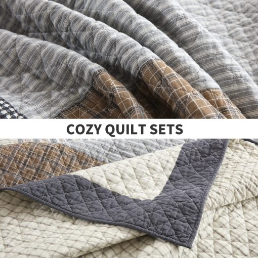 Juego de Ropa de Cama PERHOM - Edredon Ligero Queen 100% Algodon, 3 Piezas Colcha/Cubrecama a Cuadros de Estilo Granja, Marron Beige Gris, Todas las Estaciones, Queen (98"x90") - Imagen 6