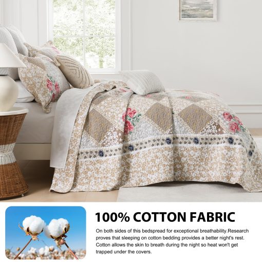 Colcha de Cama Floral Extra Grande King 128"x120" - 100% Algodon Reversible Colcha California King con 2 Fundas de Almohada, Colcha de Cama King Ligera, Marron, Cal King - Imagen 3