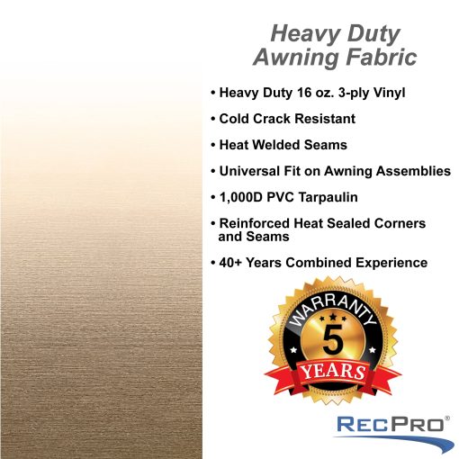 Sustitucion de Tela de Toldo de RV RecPro | Opciones de Ancho de 8 a 22 Pies | Varias Opciones de Color | Reemplazo de Toldo de RV de 8' (96") de Largo | Vinilo Premium (14'- Ancho Real 13' 1", Desvanecimiento en Tan/Camel) - Imagen 2