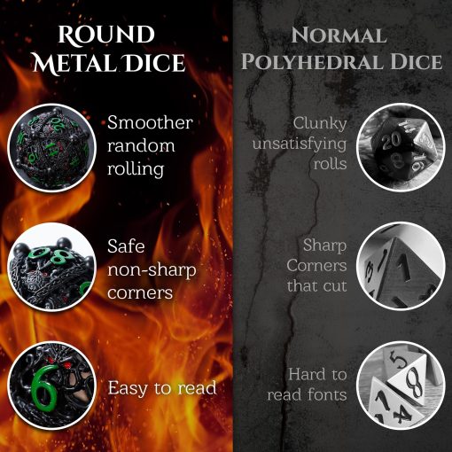 Conjunto de dados DND de metal - Diseno unico de orbe hueco redondo para un mejor lanzamiento - Conjunto de dados de metal Cthulhu geniales para juegos de rol (RPG) - Impresionante conjunto de dados de Dungeons and Dragons (Negro Verde) - Imagen 3