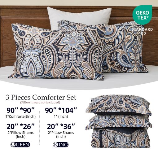 Juego de Edredon Damasco Paisley PlushVibes - Juego de Reversible de Cama de Lujo Tamano Queen 100% Algodon, Ligero 400TC con 2 Fundas para Almohadas, Negro Beige Marron - Todo el Ano 90"x90" - Imagen 6