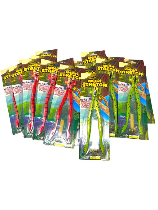 Juguete Mega Stretch Frog de WARM FUZZY Toys Full Case, paquete completo (24 unidades) | Se estira hasta 5 pies | 2 estilos variados de juguetes realistas de rana geniales para fiestas, regalos, kioscos de la PTA o eventos para recaudar fondos escolares