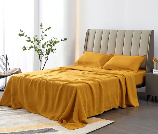 Juego de sabanas de lino 100% organico S VICTORY SYMBOL California King, Juego de ropa de cama de lino natural frances certificado GOTS lavado a la piedra, 4 piezas, sabanas transpirables de lujo (Amarillo, CK)