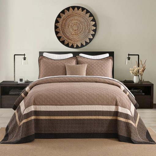 Colcha de cama extra grande FineStichery 120"x102" - Juego de cubrecamas de algodon al estilo granja para cama queen con fundas de almohada, Cubierta de cama acolchada ligera, 3 piezas, Cafe/Beige