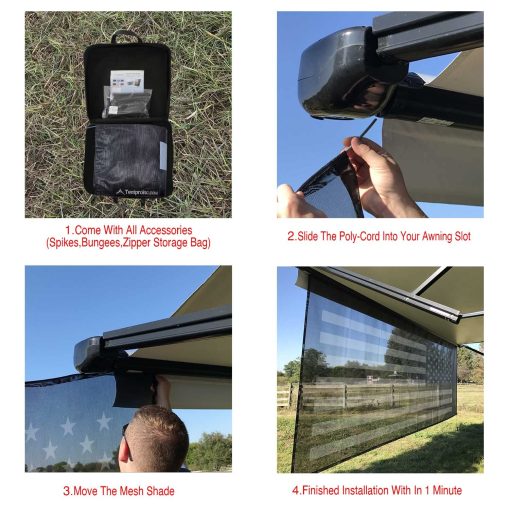 Tentproinc Toldo de Sol para Autocaravana 7' X 11' 3'' (Bandera Americana) Malla Negra Protector Solar para Toldo de Remolque para Autocaravana Bloqueador UV Juego Completo - Imagen 3