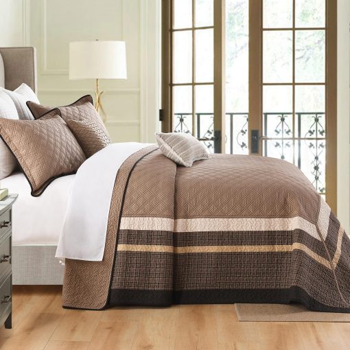 Colcha de cama extra grande FineStichery 120"x102" - Juego de cubrecamas de algodon al estilo granja para cama queen con fundas de almohada, Cubierta de cama acolchada ligera, 3 piezas, Cafe/Beige - Imagen 3