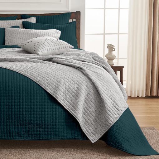 Juego de Cobertor de Jersey de Tela de Algodon 100% con Costura en Canales Reversible para Cama Queen, Incluye 2 Fundas de Almohada Acolchadas, Resistente a las Arrugas, Desvanecimiento y Manchas (Azul Lago) - Imagen 5