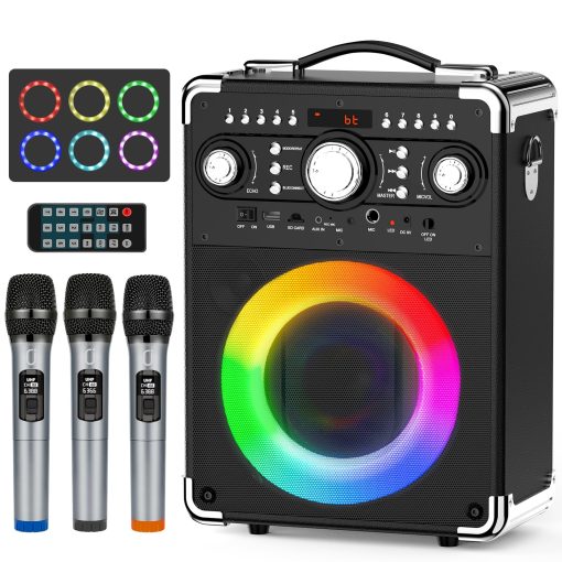 Maquina de Karaoke HWWR con 3 Microfonos para Adultos y Ninos, Altavoz de Karaoke Portatil con Luces DJ, Altavoz Bluetooth para Fiestas en Casa, Reuniones